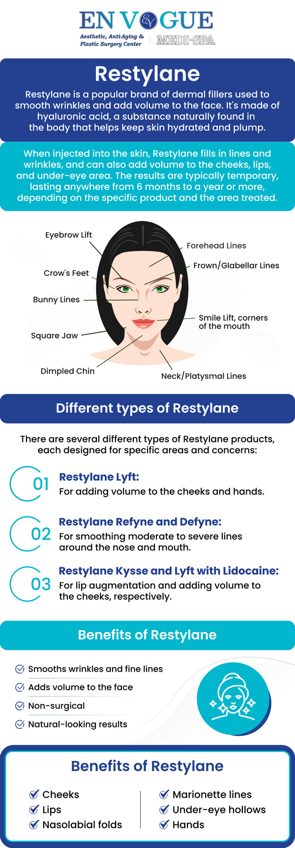 Restylane fillers are a range of hyaluronic acid-based dermal fillers used to smooth wrinkles, add volume, and enhance facial features. These fillers are versatile and offer natural-looking results, making them popular for addressing concerns such as nasolabial folds, marionette lines, and lip augmentation. For more information, contact us or book an appointment online. Our clinics are located in Southampton, PA, and Langhorne, PA.