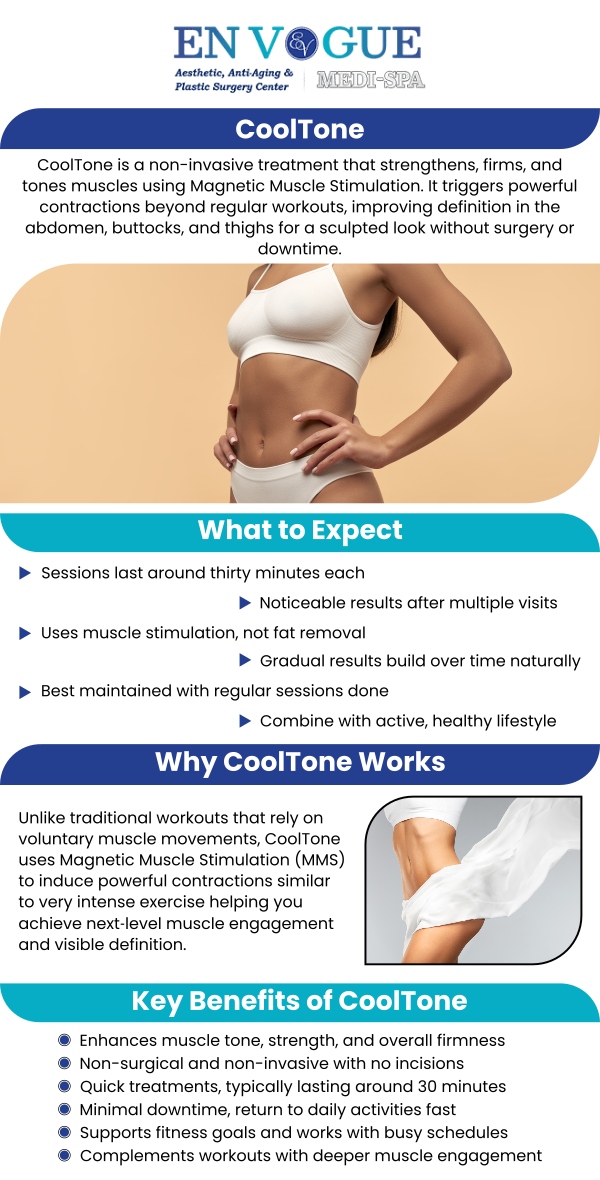 Discover the benefits of CoolTone treatments at En Vogue Medi-Spa. Our expert team provides non-invasive muscle toning solutions to help you achieve a toned and sculpted physique. CoolTone uses advanced technology to strengthen, firm, and define targeted muscles. At En Vogue Medi-Spa, we offer personalized care to ensure you get the most out of your treatment. For more information, contact us or book an appointment online. Our clinics are located in Southampton, PA and Langhorne, PA.