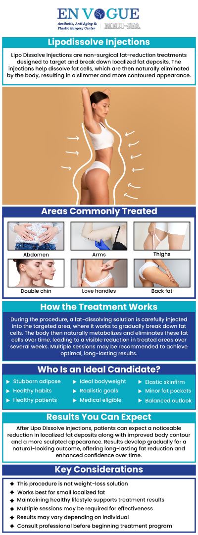 If you are looking to improve the appearance of problem areas that just won’t budge no matter how much exercise you do or how on point your nutrition is, Lipodissolve might be the treatment for you. Talk to our team at En Vogue Medi-Spa about Lipodissolve and its benefits. Our clinics are located in Southampton, PA and Langhorne, PA. For more information, contact our friendly staff to schedule a consultation.