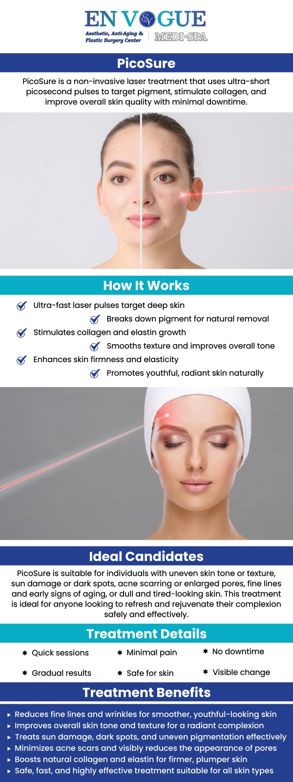 PicoSure laser rejuvenation treatment stands out in the realm of cosmetic procedures due to its innovative approach that employs laser energy to target a range of skin concerns, including hyperpigmentation, acne scarring, enlarged pores, fine lines, and wrinkles. PicoSure laser is available at En Vogue Medi-Spa. For more information, contact us or book an appointment online. Our clinics are located in Southampton, PA, and Langhorne, PA.