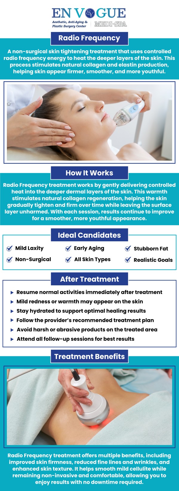 Radio frequency treatments at En Vogue Medi-Spa provide non-invasive solutions for skin rejuvenation. This procedure stimulates collagen production, reducing the appearance of wrinkles and tightening the skin for a more youthful appearance. It is safe and effective, offering visible results with minimal downtime. Whether you're preparing for an event or maintaining youthful skin, our treatments give you glowing, radiant skin. For more information, contact us or book an appointment online. Our clinics are located in Southampton, PA, and Langhorne, PA. Radio frequency treatments at En Vogue Medi-Spa provide non-invasive solutions for skin rejuvenation. This procedure stimulates collagen production, reducing the appearance of wrinkles and tightening the skin for a more youthful appearance. It is safe and effective, offering visible results with minimal downtime. Whether you're preparing for an event or maintaining youthful skin, our treatments give you glowing, radiant skin. For more information, contact us or book an appointment online. Our clinics are located in Southampton, PA, and Langhorne, PA.