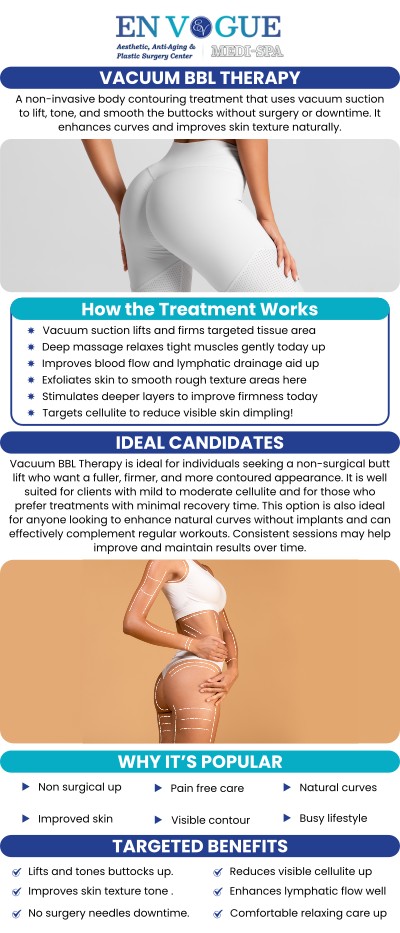 Vacuum BBL therapy is a specialized therapy that provides a non-invasive treatment to help lift, smooth, and tighten the buttocks without any downtime or side effects. Contact us today to learn more about this incredible service. For more information, contact us or book an appointment online. Our clinics are located in Southampton, PA and Langhorne, PA.