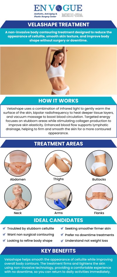 En Vogue Medi-Spa offers Velashape treatment to reduce the appearance of fat and contour your body. It is a safe, non-invasive, and FDA-approved procedure that reduces cellulite temporarily. It treats the buttocks, thighs, stomach, and upper arms. For more information, contact us or book an appointment online. Our clinics are located in Southampton, PA and Langhorne, PA.