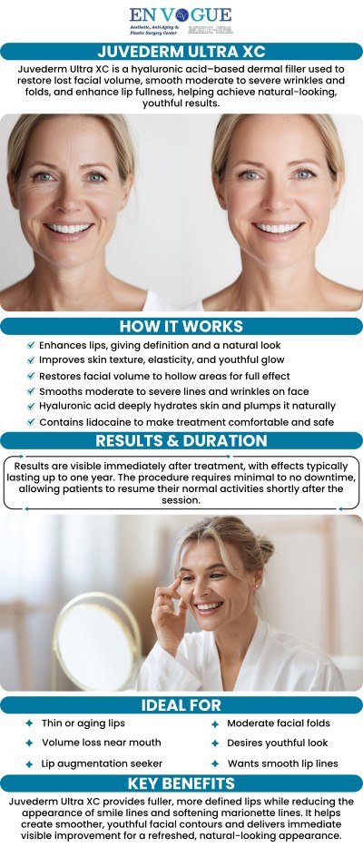 Juvederm Ultra XC is a popular dermal filler solution for adding volume and smoothing out wrinkles, helping you achieve a more youthful appearance. This treatment effectively reduces the appearance of smile lines, marionette lines, and other facial wrinkles. At En Vogue Medi-Spa, our skilled specialists use Juvederm Ultra XC to restore a natural, youthful look with minimal downtime. Experience the rejuvenating effects of Juvederm Ultra XC fillers today. Contact us today, or visit us online to book an appointment. Our clinics are located in Southampton, PA and Langhorne, PA.