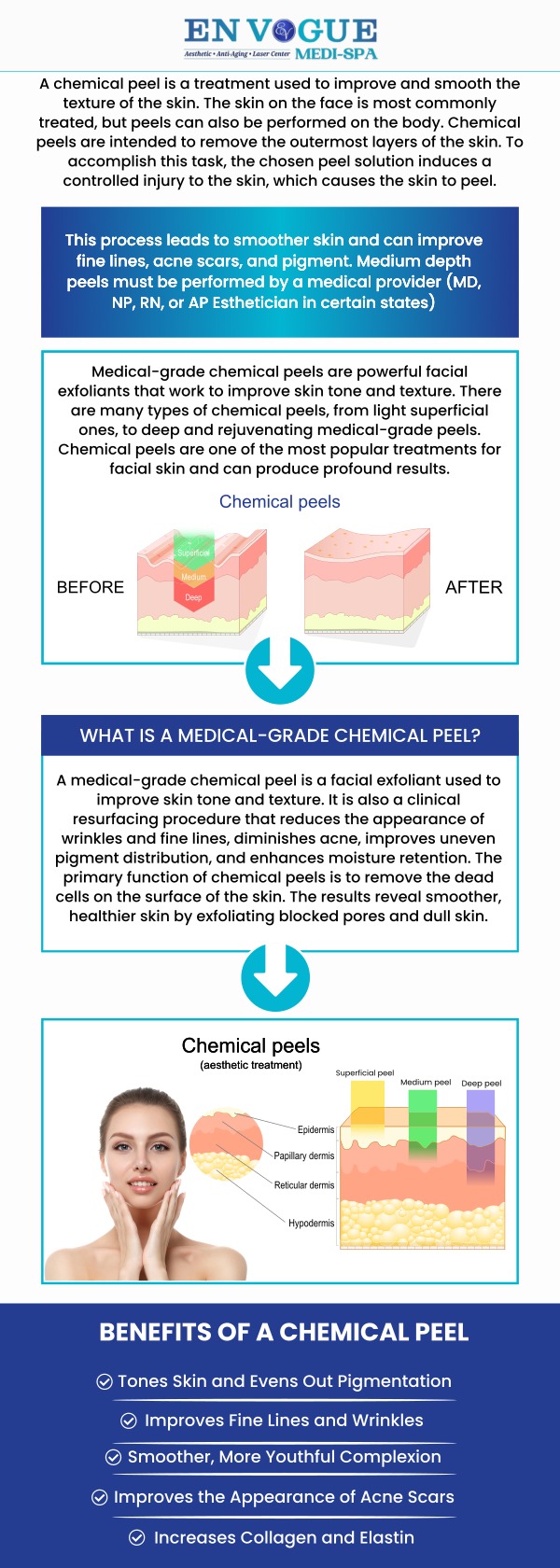 Chemical peels can help to minimize or reduce fine lines and wrinkles, acne, scars, uneven skin tone, and other skin flaws. En Vogue Medi-Spa's skilled practitioners provide effective chemical peels that go deeper into your skin and promote the growth and replacement of old skin, enhancing skin texture and appearance. For more information, contact us or book an appointment online. We have convenient locations to serve you in Southampton, PA, and Langhorne, PA. Chemical peels can help to minimize or reduce fine lines and wrinkles, acne, scars, uneven skin tone, and other skin flaws. En Vogue Medi-Spa's skilled practitioners provide effective chemical peels that go deeper into your skin and promote the growth and replacement of old skin, enhancing skin texture and appearance. For more information, contact us or book an appointment online. We have convenient locations to serve you in Southampton, PA, and Langhorne, PA.