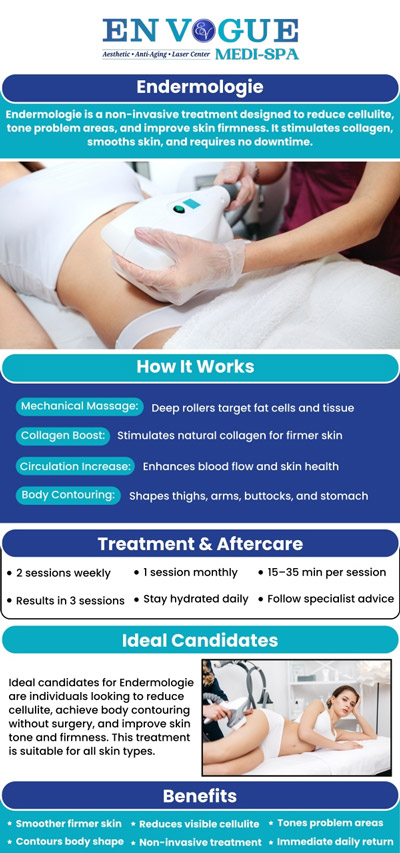 Endermologie treatments offer a non-invasive way to reduce cellulite, improve circulation, and contour the body. At En Vogue Medi Spa, clients receive personalized care from trained specialists who tailor each session to individual goals. The treatments are designed to smooth and tone the skin while promoting overall wellness, helping clients feel confident and rejuvenated in their appearance. For more information, contact us or book an appointment online. Our clinic is located at 19 Summit Square Shopping Center, Langhorne, PA 19047.