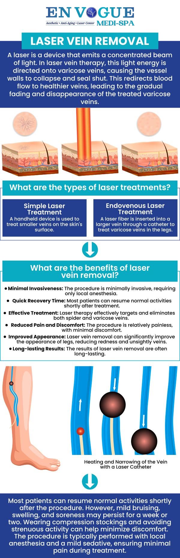 Our Laser Vein Removal is for the treatment of rosacea, vascular lesions, and/or spider veins anywhere on the body. Do you have unsightly vascular lesions, spider veins, or rosacea, then visit En Vogue Medi-spa today. Our clinics are located in Southampton, PA and Langhorne, PA. For more information, contact our friendly staff to schedule a consultation.