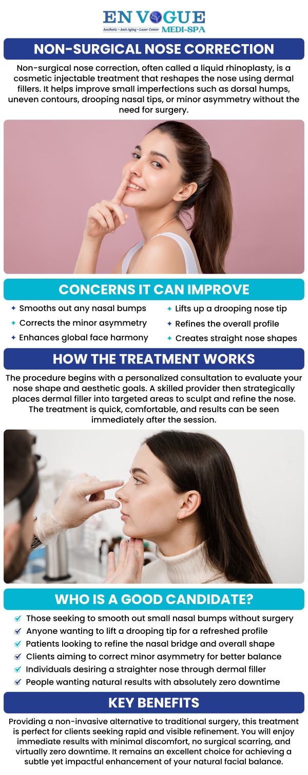 Common questions asked by clients: How does non-surgical nose correction work? Who is an ideal candidate for non-surgical nose correction? Is non-surgical nose correction painful? Are the results of non-surgical nose correction immediate? For more information, contact us or book an appointment online. Our clinic is located at 19 Summit Square Shopping Center, Langhorne, PA 19047.
