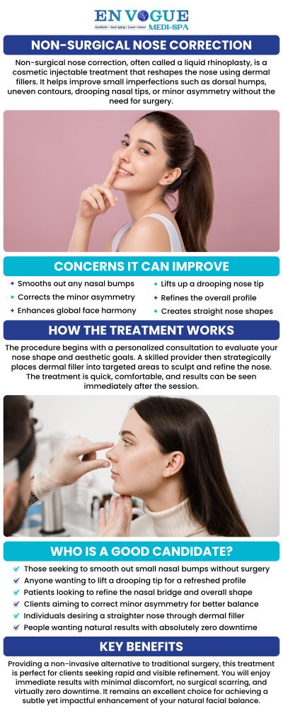 Common questions asked by clients: How does non-surgical nose correction work? Who is an ideal candidate for non-surgical nose correction? Is non-surgical nose correction painful? Are the results of non-surgical nose correction immediate? For more information, contact us or book an appointment online. Our clinic is located at 19 Summit Square Shopping Center, Langhorne, PA 19047.