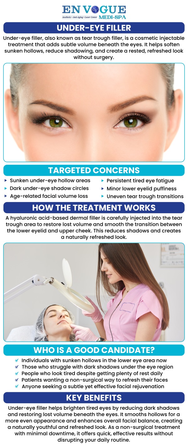 Common questions asked by clients: What is an under-eye filler (tear trough) treatment? How long does the under-eye filler treatment take? Are there any risks or side effects with under-eye filler treatment? Can under-eye filler be combined with other treatments? For more information, contact us or book an appointment. Our clinic is located at 44 2nd St Pike, Southampton, PA 18966.