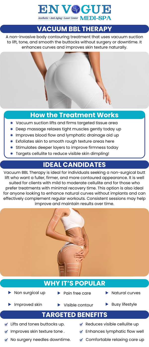 At En Vogue Med Spa, we specialize in Vacuum BBL Therapy, a non-invasive treatment designed to enhance the shape and volume of your buttocks. This innovative therapy uses vacuum suction to stimulate blood flow, tighten the skin, and promote collagen production, giving you a firmer, more youthful appearance. Our skilled specialists customize each treatment to meet your unique needs, helping you achieve the natural curves you've always wanted in a comfortable and professional environment. For more information, contact us or schedule an appointment online. We are conveniently located at 44 2nd St Pike, Southampton, PA 189.