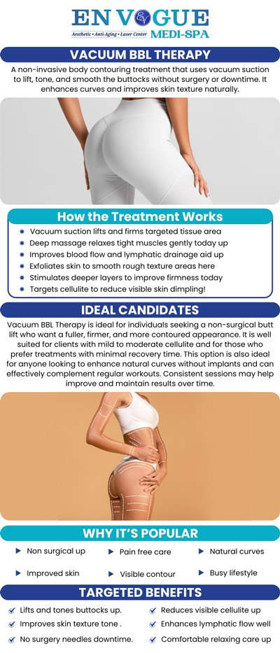 At En Vogue Med Spa, we specialize in Vacuum BBL Therapy, a non-invasive treatment designed to enhance the shape and volume of your buttocks. This innovative therapy uses vacuum suction to stimulate blood flow, tighten the skin, and promote collagen production, giving you a firmer, more youthful appearance. Our skilled specialists customize each treatment to meet your unique needs, helping you achieve the natural curves you've always wanted in a comfortable and professional environment. For more information, contact us or schedule an appointment online. We are conveniently located at 44 2nd St Pike, Southampton, PA 189.