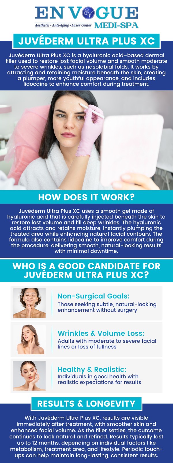 At En Vogue Medi-Spa, we specialize in Juvéderm Ultra Plus XC Fillers, offering a non-surgical solution for facial volume loss and wrinkle reduction. Whether you're looking to smooth out smile lines, plump up the lips, or restore youthful contours, our professional team ensures personalized treatments tailored to your unique needs. For more information, contact us or schedule an appointment online. We are conveniently located at 44 2nd St Pike, Southampton, PA 18966. At En Vogue Medi-Spa, we specialize in Juvéderm Ultra Plus XC Fillers, offering a non-surgical solution for facial volume loss and wrinkle reduction. Whether you're looking to smooth out smile lines, plump up the lips, or restore youthful contours, our professional team ensures personalized treatments tailored to your unique needs. For more information, contact us or schedule an appointment online. We are conveniently located at 44 2nd St Pike, Southampton, PA 18966.