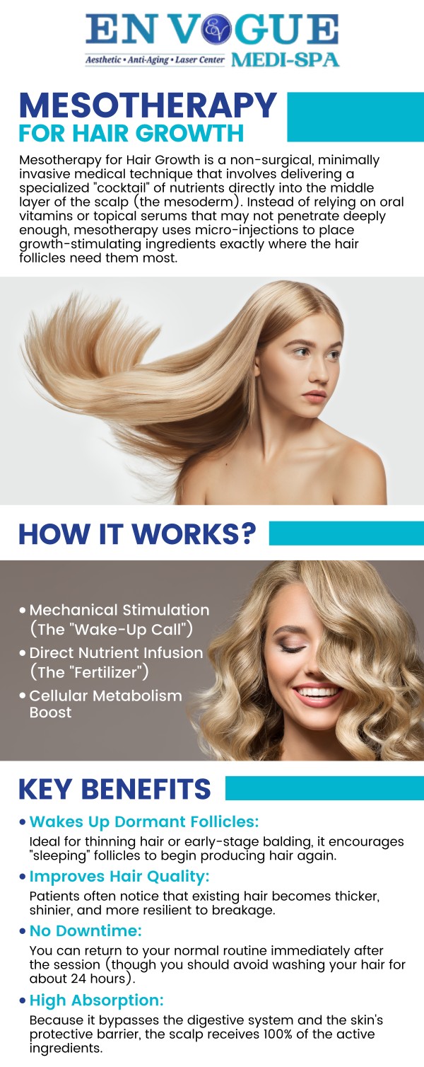 En Vogue Medi Spa specializes in Mesotherapy for hair growth, a non-surgical treatment that targets hair loss by injecting nutrients directly into the scalp. This innovative technique nourishes hair follicles, stimulates regrowth, and strengthens hair, effectively reversing signs of thinning. Clients at En Vogue Medi Spa experience visible improvements in hair density and vitality, enhancing both appearance and confidence. For more information, contact us or schedule an appointment online. We are conveniently located at 44 2nd St Pike, Southampton, PA 18966.