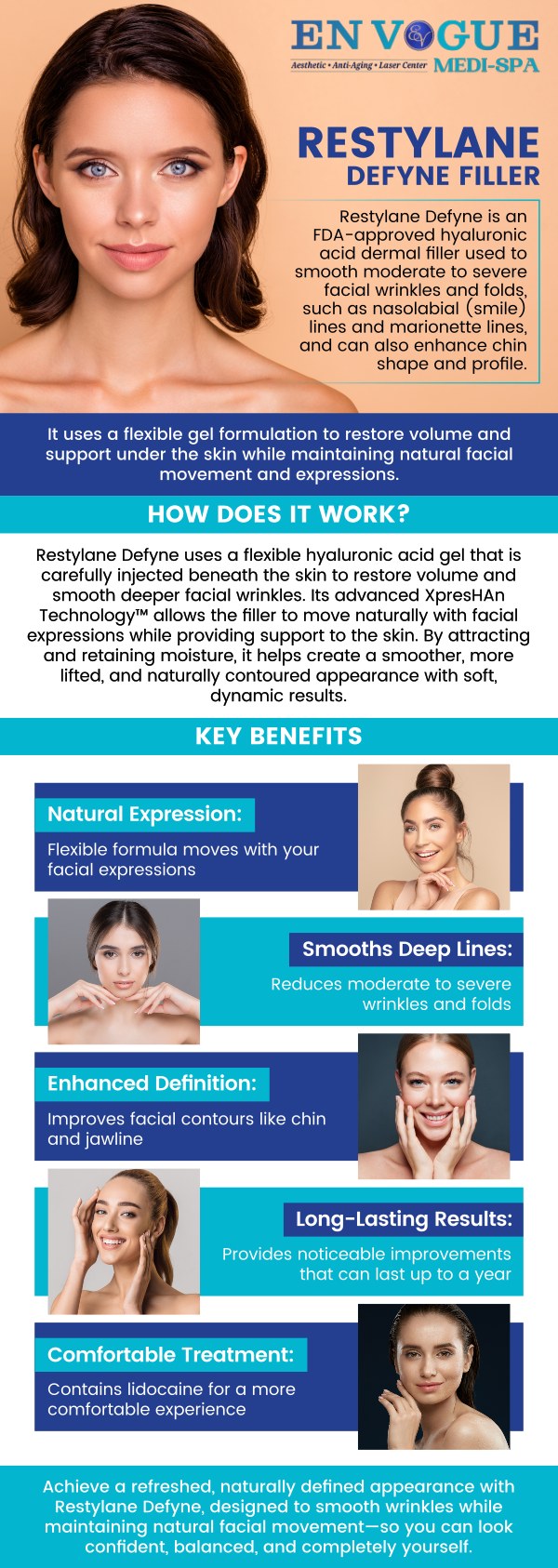 Restylane® Defyne filler at En Vogue Medi-Spa helps reduce deep laugh lines and wrinkles while maintaining natural facial expressions. This advanced dermal filler provides long-lasting, youthful results with minimal discomfort. It works by replenishing lost volume and restoring a smooth, youthful look. For more information, contact us or book an appointment online. We are conveniently located at 19 Summit Square Shopping Center, Langhorne, PA 19047.