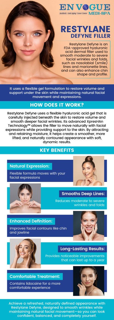 Restylane® Defyne filler at En Vogue Medi-Spa helps reduce deep laugh lines and wrinkles while maintaining natural facial expressions. This advanced dermal filler provides long-lasting, youthful results with minimal discomfort. It works by replenishing lost volume and restoring a smooth, youthful look. For more information, contact us or book an appointment online. We are conveniently located at 19 Summit Square Shopping Center, Langhorne, PA 19047.