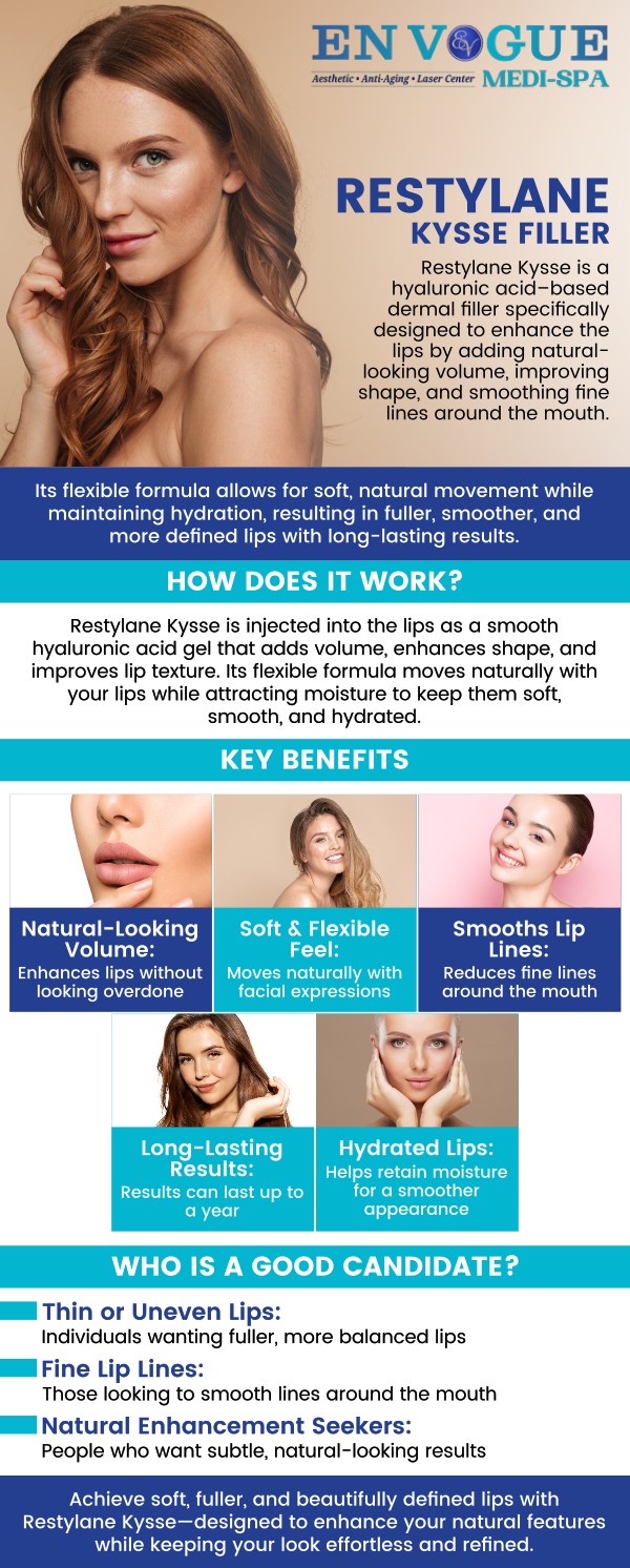 Common questions asked by clients: What is Restylane Kysse®? What are the benefits of Restylane Kysse®? How long does Restylane Kysse lip filler last? At En Vogue Medi-Spa, our providers offer Restylane® Kysse fillers. Our clinics are located in Southampton, PA and Langhorne, PA. For more information, contact us or schedule a consultation. We serve clients from Southampton PA, Langhorne PA, Newtown PA, Woodmont PA, Willow Grove PA, Horsham PA, Levittown PA, Parkland PA, and surrounding areas.
