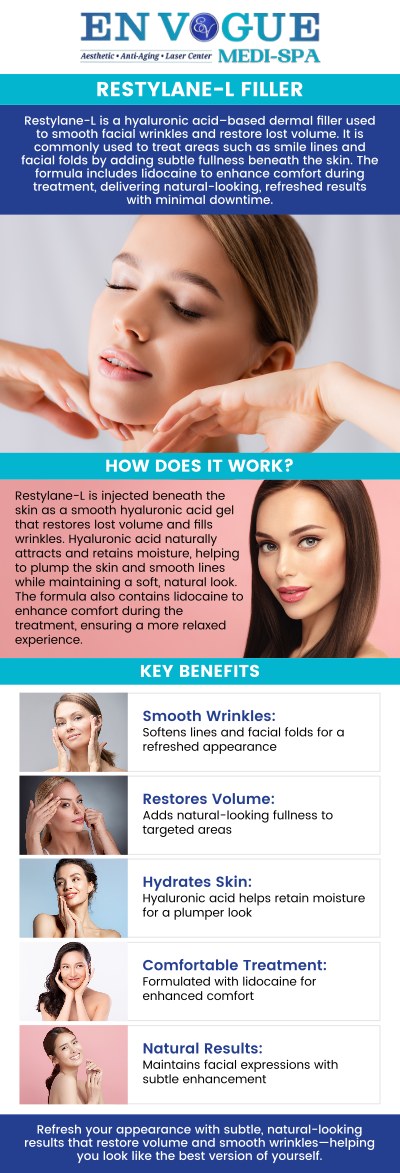 Restylane-L® filler at En Vogue Medi-Spa can restore volume to the face, smooth wrinkles, and enhance facial contours. This hyaluronic acid-based filler provides natural-looking results, leaving you with a refreshed and youthful appearance. The treatment is quick, with minimal downtime, and results can last for several months. For more information, contact us or schedule an appointment online. We are conveniently located at 44 2nd St Pike, Southampton, PA 18966.