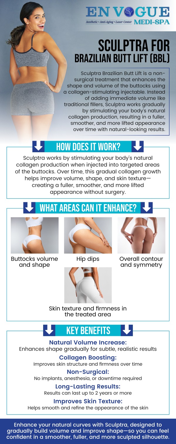 Sculptra Brazilian Butt Lift Treatment is a non-surgical procedure that uses Sculptra dermal filler to enhance the shape and volume of your buttocks. By stimulating collagen production, this treatment delivers natural, long-lasting results. Our experienced team at En Vogue Medi Spa will tailor each session to your body’s unique needs, giving you a fuller, firmer, and youthful appearance without invasive surgery. For more information, contact us or schedule an appointment online. We are conveniently located at 44 2nd St Pike, Southampton, PA 18966.