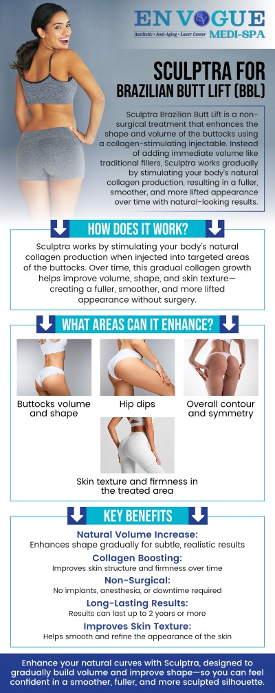 Sculptra Brazilian Butt Lift Treatment is a non-surgical procedure that uses Sculptra dermal filler to enhance the shape and volume of your buttocks. By stimulating collagen production, this treatment delivers natural, long-lasting results. Our experienced team at En Vogue Medi Spa will tailor each session to your body’s unique needs, giving you a fuller, firmer, and youthful appearance without invasive surgery. For more information, contact us or schedule an appointment online. We are conveniently located at 44 2nd St Pike, Southampton, PA 18966.