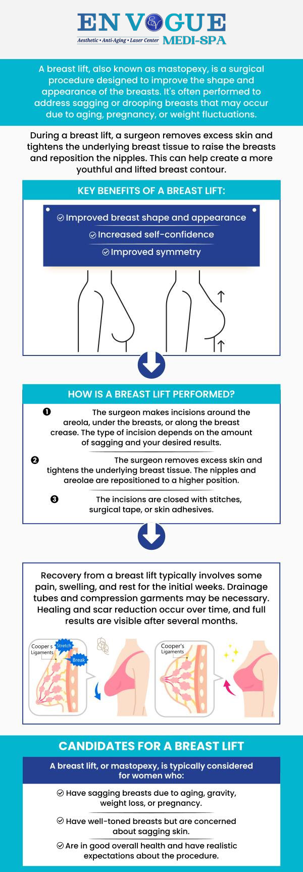 At En Vogue Medi-Spa, breast lift surgery is performed to elevate and reshape breasts that may have lost firmness due to aging, pregnancy, or weight changes. The procedure focuses on removing excess skin, tightening surrounding tissue, and repositioning the breasts for a more youthful and proportionate appearance. During your consultation, the team carefully reviews your goals and evaluates your natural anatomy to design a customized plan that supports balanced, natural-looking results. With a client-centered approach, our experienced team prioritizes safety, comfort, and clear communication, guiding you confidently from consultation through recovery. For more information, contact us or book an appointment online. We are conveniently located at 19 Summit Square Shopping Center, Langhorne, PA 19047. At En Vogue Medi-Spa, breast lift surgery is performed to elevate and reshape breasts that may have lost firmness due to aging, pregnancy, or weight changes. The procedure focuses on removing excess skin, tightening surrounding tissue, and repositioning the breasts for a more youthful and proportionate appearance. During your consultation, the team carefully reviews your goals and evaluates your natural anatomy to design a customized plan that supports balanced, natural-looking results. With a client-centered approach, our experienced team prioritizes safety, comfort, and clear communication, guiding you confidently from consultation through recovery. For more information, contact us or book an appointment online. We are conveniently located at 19 Summit Square Shopping Center, Langhorne, PA 19047.