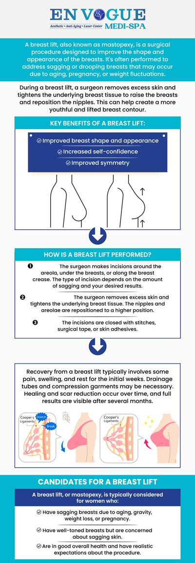 At En Vogue Medi-Spa, breast lift surgery is performed to elevate and reshape breasts that may have lost firmness due to aging, pregnancy, or weight changes. The procedure focuses on removing excess skin, tightening surrounding tissue, and repositioning the breasts for a more youthful and proportionate appearance. During your consultation, the team carefully reviews your goals and evaluates your natural anatomy to design a customized plan that supports balanced, natural-looking results. With a client-centered approach, our experienced team prioritizes safety, comfort, and clear communication, guiding you confidently from consultation through recovery. For more information, contact us or book an appointment online. We are conveniently located at 19 Summit Square Shopping Center, Langhorne, PA 19047. At En Vogue Medi-Spa, breast lift surgery is performed to elevate and reshape breasts that may have lost firmness due to aging, pregnancy, or weight changes. The procedure focuses on removing excess skin, tightening surrounding tissue, and repositioning the breasts for a more youthful and proportionate appearance. During your consultation, the team carefully reviews your goals and evaluates your natural anatomy to design a customized plan that supports balanced, natural-looking results. With a client-centered approach, our experienced team prioritizes safety, comfort, and clear communication, guiding you confidently from consultation through recovery. For more information, contact us or book an appointment online. We are conveniently located at 19 Summit Square Shopping Center, Langhorne, PA 19047.