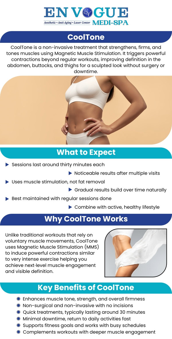 Discover the benefits of CoolTone treatments at En Vogue Medi-Spa. Our expert team provides non-invasive muscle toning solutions to help you achieve a toned and sculpted physique. CoolTone uses advanced technology to strengthen, firm, and define targeted muscles. At En Vogue Medi-Spa, we offer personalized care to ensure you get the most out of your treatment. For more information, contact us or book an appointment online. Our clinics are located in Southampton, PA and Langhorne, PA. Discover the benefits of CoolTone treatments at En Vogue Medi-Spa. Our expert team provides non-invasive muscle toning solutions to help you achieve a toned and sculpted physique. CoolTone uses advanced technology to strengthen, firm, and define targeted muscles. At En Vogue Medi-Spa, we offer personalized care to ensure you get the most out of your treatment. For more information, contact us or book an appointment online. Our clinics are located in Southampton, PA and Langhorne, PA.