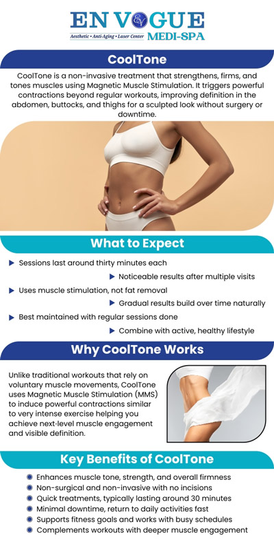 Discover the benefits of CoolTone treatments at En Vogue Medi-Spa. Our expert team provides non-invasive muscle toning solutions to help you achieve a toned and sculpted physique. CoolTone uses advanced technology to strengthen, firm, and define targeted muscles. At En Vogue Medi-Spa, we offer personalized care to ensure you get the most out of your treatment. For more information, contact us or book an appointment online. Our clinics are located in Southampton, PA and Langhorne, PA. Discover the benefits of CoolTone treatments at En Vogue Medi-Spa. Our expert team provides non-invasive muscle toning solutions to help you achieve a toned and sculpted physique. CoolTone uses advanced technology to strengthen, firm, and define targeted muscles. At En Vogue Medi-Spa, we offer personalized care to ensure you get the most out of your treatment. For more information, contact us or book an appointment online. Our clinics are located in Southampton, PA and Langhorne, PA.