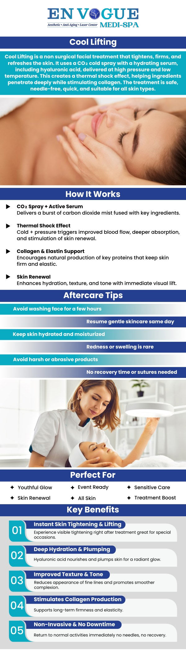 CooLifting is a non-invasive facial rejuvenation treatment designed to instantly hydrate, tighten, and refresh the skin. This innovative procedure delivers a powerful blend of carbon dioxide and active ingredients to the deeper layers of the skin, helping improve elasticity, reduce the appearance of fine lines, and enhance overall radiance. It is often chosen for special events or as part of an ongoing skincare routine for a smoother, brighter complexion. Our dedicated team at En Vogue Medi-Spa customizes each CooLifting session based on your skin type and goals, ensuring a comfortable experience with noticeable glow and revitalization. For more information, contact us or book an appointment online. We are conveniently located at 19 Summit Square Shopping Center, Langhorne, PA 19047. CooLifting is a non-invasive facial rejuvenation treatment designed to instantly hydrate, tighten, and refresh the skin. This innovative procedure delivers a powerful blend of carbon dioxide and active ingredients to the deeper layers of the skin, helping improve elasticity, reduce the appearance of fine lines, and enhance overall radiance. It is often chosen for special events or as part of an ongoing skincare routine for a smoother, brighter complexion. Our dedicated team at En Vogue Medi-Spa customizes each CooLifting session based on your skin type and goals, ensuring a comfortable experience with noticeable glow and revitalization. For more information, contact us or book an appointment online. We are conveniently located at 19 Summit Square Shopping Center, Langhorne, PA 19047.