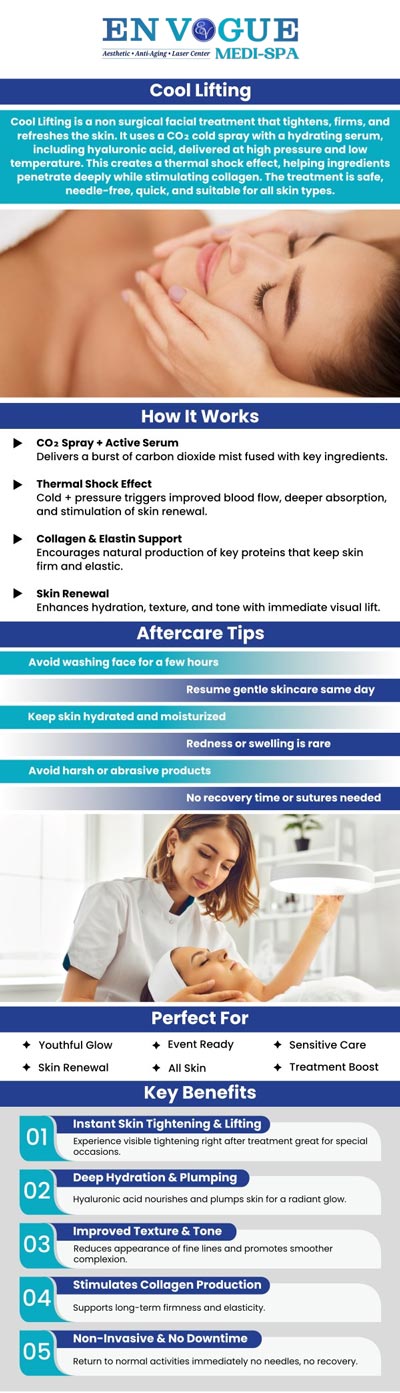 CooLifting is a non-invasive facial rejuvenation treatment designed to instantly hydrate, tighten, and refresh the skin. This innovative procedure delivers a powerful blend of carbon dioxide and active ingredients to the deeper layers of the skin, helping improve elasticity, reduce the appearance of fine lines, and enhance overall radiance. It is often chosen for special events or as part of an ongoing skincare routine for a smoother, brighter complexion. Our dedicated team at En Vogue Medi-Spa customizes each CooLifting session based on your skin type and goals, ensuring a comfortable experience with noticeable glow and revitalization. For more information, contact us or book an appointment online. We are conveniently located at 19 Summit Square Shopping Center, Langhorne, PA 19047. CooLifting is a non-invasive facial rejuvenation treatment designed to instantly hydrate, tighten, and refresh the skin. This innovative procedure delivers a powerful blend of carbon dioxide and active ingredients to the deeper layers of the skin, helping improve elasticity, reduce the appearance of fine lines, and enhance overall radiance. It is often chosen for special events or as part of an ongoing skincare routine for a smoother, brighter complexion. Our dedicated team at En Vogue Medi-Spa customizes each CooLifting session based on your skin type and goals, ensuring a comfortable experience with noticeable glow and revitalization. For more information, contact us or book an appointment online. We are conveniently located at 19 Summit Square Shopping Center, Langhorne, PA 19047.
