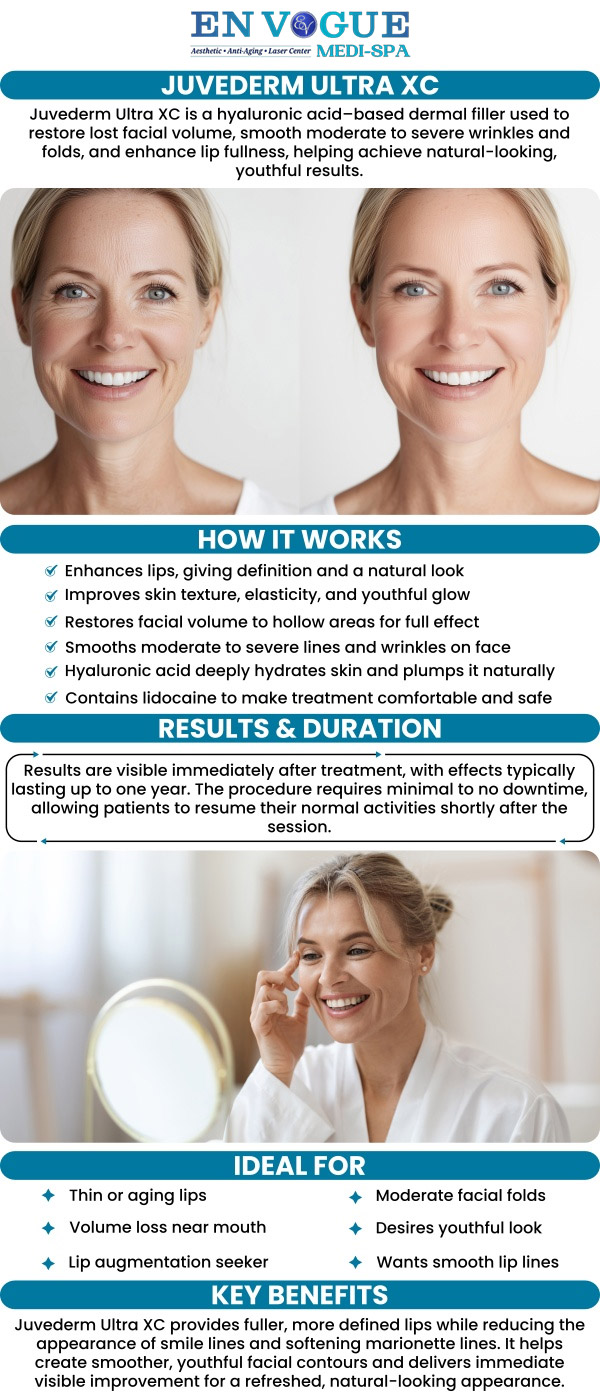 Juvederm Ultra XC is a popular dermal filler solution for adding volume and smoothing out wrinkles, helping you achieve a more youthful appearance. This treatment effectively reduces the appearance of smile lines, marionette lines, and other facial wrinkles. At En Vogue Medi-Spa, our skilled specialists use Juvederm Ultra XC to restore a natural, youthful look with minimal downtime. Experience the rejuvenating effects of Juvederm Ultra XC fillers today. For more information, contact us or book an appointment online. Our clinic is located at 19 Summit Square Shopping Center, Langhorne, PA 19047. Juvederm Ultra XC is a popular dermal filler solution for adding volume and smoothing out wrinkles, helping you achieve a more youthful appearance. This treatment effectively reduces the appearance of smile lines, marionette lines, and other facial wrinkles. At En Vogue Medi-Spa, our skilled specialists use Juvederm Ultra XC to restore a natural, youthful look with minimal downtime. Experience the rejuvenating effects of Juvederm Ultra XC fillers today. For more information, contact us or book an appointment online. Our clinic is located at 19 Summit Square Shopping Center, Langhorne, PA 19047.