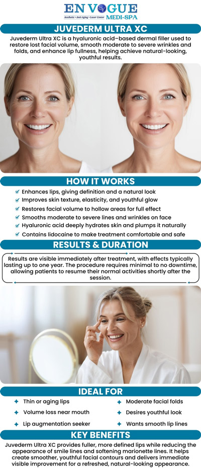 Juvederm Ultra XC is a popular dermal filler solution for adding volume and smoothing out wrinkles, helping you achieve a more youthful appearance. This treatment effectively reduces the appearance of smile lines, marionette lines, and other facial wrinkles. At En Vogue Medi-Spa, our skilled specialists use Juvederm Ultra XC to restore a natural, youthful look with minimal downtime. Experience the rejuvenating effects of Juvederm Ultra XC fillers today. For more information, contact us or book an appointment online. Our clinic is located at 19 Summit Square Shopping Center, Langhorne, PA 19047. Juvederm Ultra XC is a popular dermal filler solution for adding volume and smoothing out wrinkles, helping you achieve a more youthful appearance. This treatment effectively reduces the appearance of smile lines, marionette lines, and other facial wrinkles. At En Vogue Medi-Spa, our skilled specialists use Juvederm Ultra XC to restore a natural, youthful look with minimal downtime. Experience the rejuvenating effects of Juvederm Ultra XC fillers today. For more information, contact us or book an appointment online. Our clinic is located at 19 Summit Square Shopping Center, Langhorne, PA 19047.