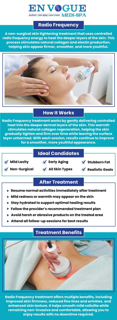 Radio frequency treatments at En Vogue Medi-Spa provide non-invasive solutions for skin rejuvenation. This procedure stimulates collagen production, reducing the appearance of wrinkles and tightening the skin for a more youthful appearance. It is safe and effective, offering visible results with minimal downtime. Whether you're preparing for an event or maintaining youthful skin, our treatments give you glowing, radiant skin. For more information, contact us or schedule an appointment online. We are conveniently located at 44 2nd St Pike, Southampton, PA 18966. Radio frequency treatments at En Vogue Medi-Spa provide non-invasive solutions for skin rejuvenation. This procedure stimulates collagen production, reducing the appearance of wrinkles and tightening the skin for a more youthful appearance. It is safe and effective, offering visible results with minimal downtime. Whether you're preparing for an event or maintaining youthful skin, our treatments give you glowing, radiant skin. For more information, contact us or schedule an appointment online. We are conveniently located at 44 2nd St Pike, Southampton, PA 18966.