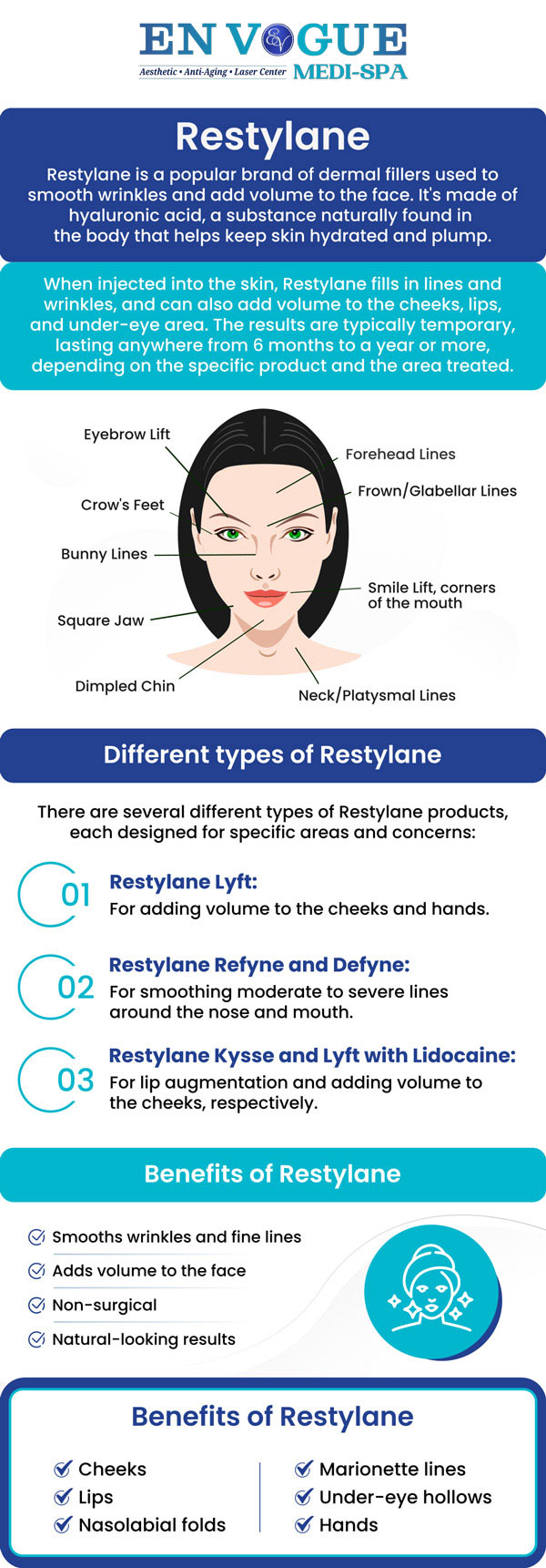 Restylane fillers are a popular choice for smoothing wrinkles, restoring volume, and enhancing facial features with natural-looking results. Using hyaluronic acid, these dermal fillers effectively address concerns like nasolabial folds, marionette lines, and lip augmentation. At En-Vogue Medi Spa, our skilled team offers personalized treatments to help you achieve a youthful, refreshed appearance while maintaining facial harmony. For more information, contact us or book an appointment online. We are conveniently located at 19 Summit Square Shopping Center, Langhorne, PA 19047.