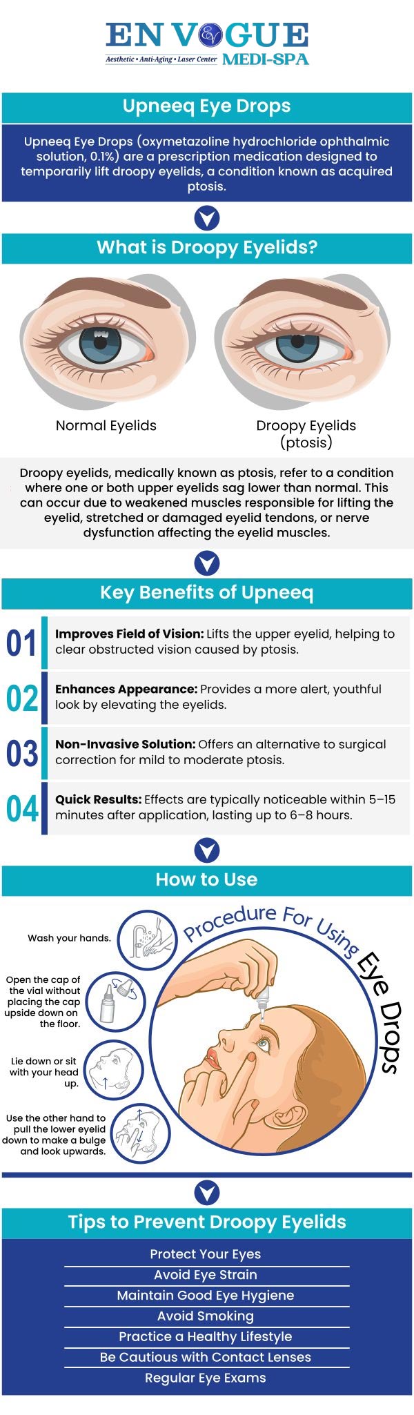 Revitalize your eyes with Upneeq, an effective treatment for droopy eyelids. This prescription eye drop lifts and tightens the upper eyelid for a more youthful, refreshed appearance. Upneeq has been authorized by the FDA as a safe and effective treatment for adults with acquired eyelid ptosis.  At En Vogue Medi-Spa, we can provide you with the one-of-a-kind product Upneeq to help correct your droopy eyelids. For more information, contact us or book an appointment online. Our clinics are located in Southampton, PA and Langhorne, PA.