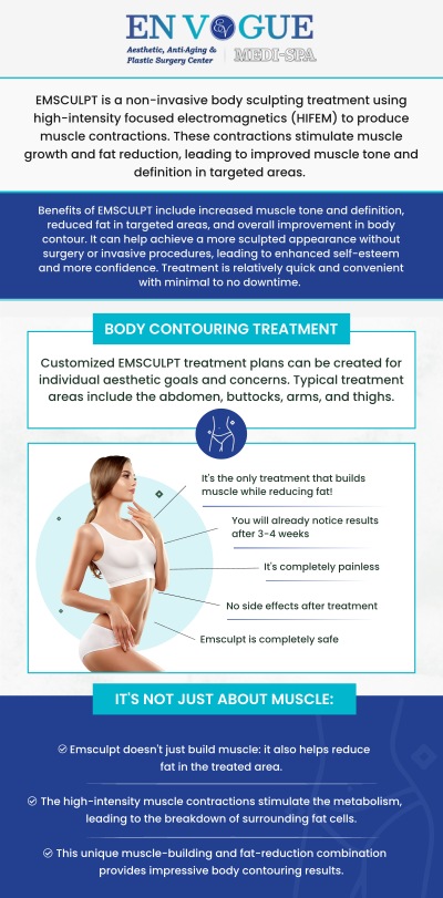 EMSCULPT is an innovative, non-surgical body contouring treatment. There are many benefits to EMSCULPT treatment, including minimal downtime, the ability to target specific areas, and quick in-office sessions. Build muscle tone and sculpt your body with EMSCULPT at En Vogue Medi-Spa. For more information, contact us or book an appointment. We are conveniently located at 44 2nd Street Pike, Suite 303, Southampton, PA 18966. EMSCULPT is an innovative, non-surgical body contouring treatment. There are many benefits to EMSCULPT treatment, including minimal downtime, the ability to target specific areas, and quick in-office sessions. Build muscle tone and sculpt your body with EMSCULPT at En Vogue Medi-Spa. For more information, contact us or book an appointment. We are conveniently located at 44 2nd Street Pike, Suite 303, Southampton, PA 18966.