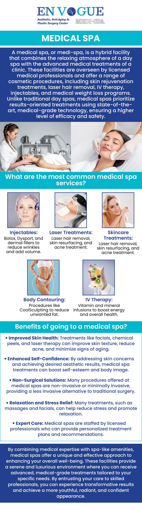 En Vogue Medi Spa provides a variety of medical spa services that you not only will enjoy but will want to come back for more. We specialize in men's & women's anti-aging treatments, nonsurgical body reshaping & weight loss, hair restoration, cosmetic injectables, laser hair removal, and skin tightening. For more information, contact us or book an appointment online.  Our clinics are located in Southampton, PA and Langhorne, PA.