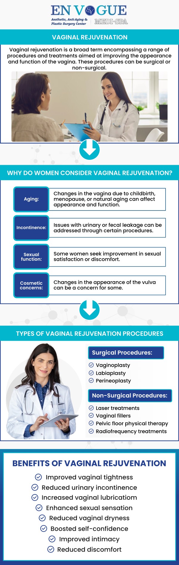 Vaginal rejuvenation is a procedure that covers everything related to the anatomy of the vagina. It helps in reshaping and giving a more youthful appearance to the saggy skin of your vaginal canal. En Vogue Medi-Spa provides a nonsurgical option for vaginal rejuvenation. We help you rejuvenate the vaginal tissue in a pain-free and minimally invasive way. For more information, contact us or schedule an appointment online. We are conveniently located at 44 2nd St Pike, Southampton, PA 18966. Vaginal rejuvenation is a procedure that covers everything related to the anatomy of the vagina. It helps in reshaping and giving a more youthful appearance to the saggy skin of your vaginal canal. En Vogue Medi-Spa provides a nonsurgical option for vaginal rejuvenation. We help you rejuvenate the vaginal tissue in a pain-free and minimally invasive way. For more information, contact us or schedule an appointment online. We are conveniently located at 44 2nd St Pike, Southampton, PA 18966.